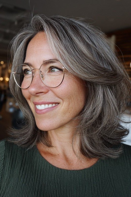 Silver-Gray Lob with Soft Bangs and Glasses - hush cut hairstyle for women over 50, idea 45