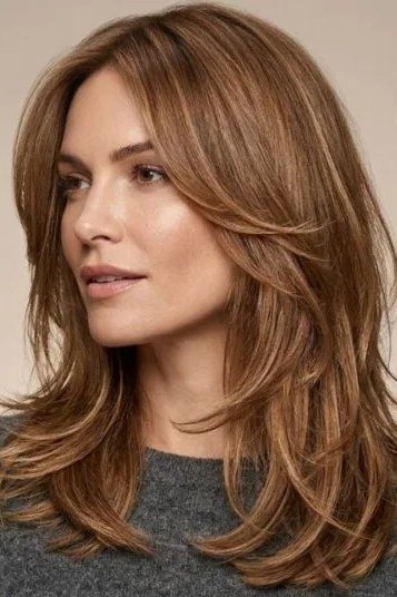Auburn Layered Lob with Curtain Bangs - hush cut hairstyle for women over 50, idea 46