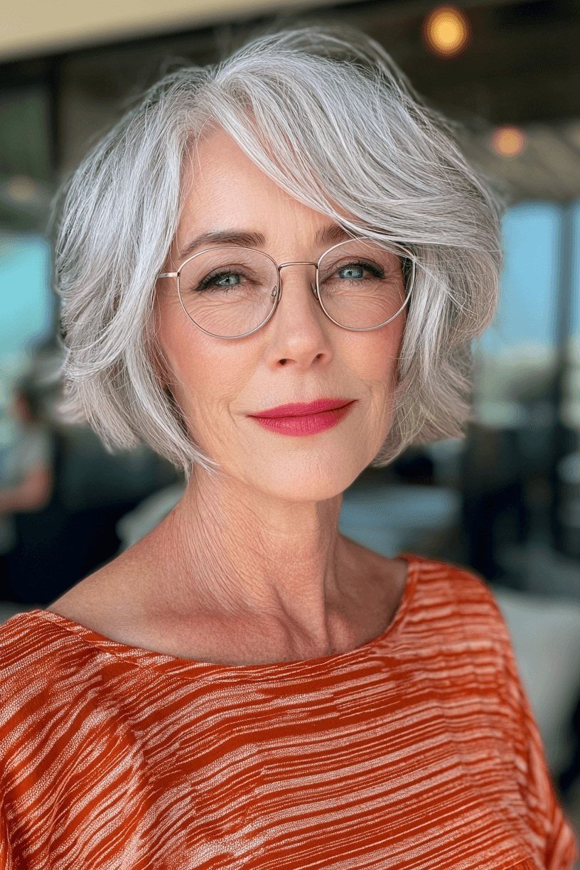 Silver Bob with Glasses - hush cut hairstyle for women over 50, idea 49
