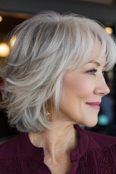 Silver-Gray Layered Bob, Side Profile - hush cut hairstyle for women over 50, idea 51