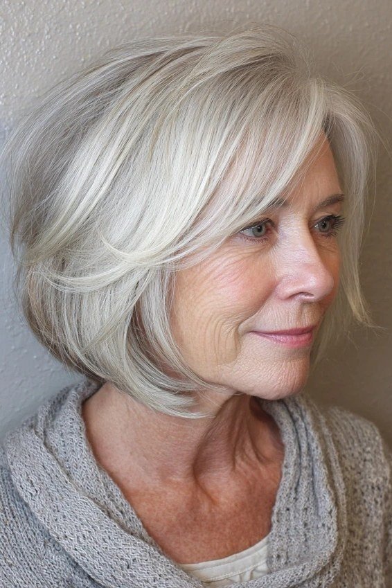 Silver-White Rounded Bob, Side View - hush cut hairstyle for women over 50, idea 52