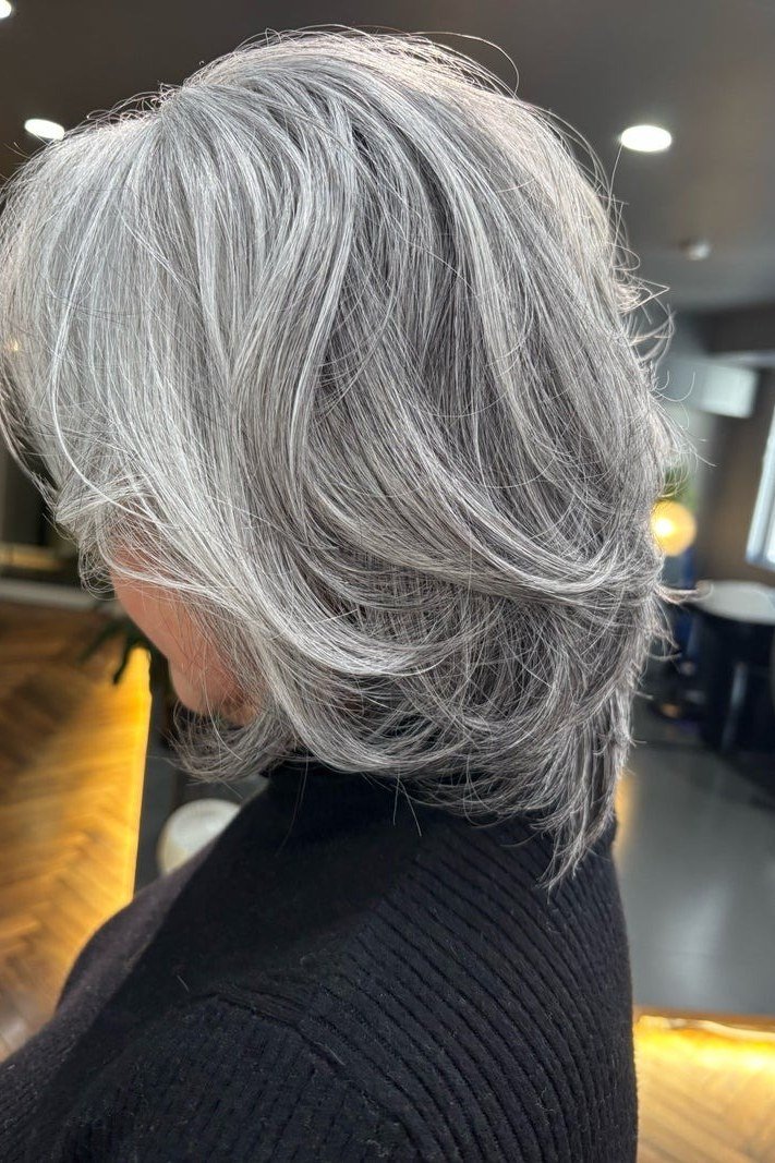 Silver-Gray Layered Bob, Back View - hush cut hairstyle for women over 50, idea 53