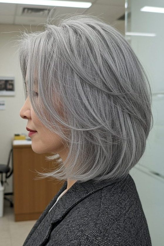 Silver-Gray Rounded Bob, Back View - hush cut hairstyle for women over 50, idea 54