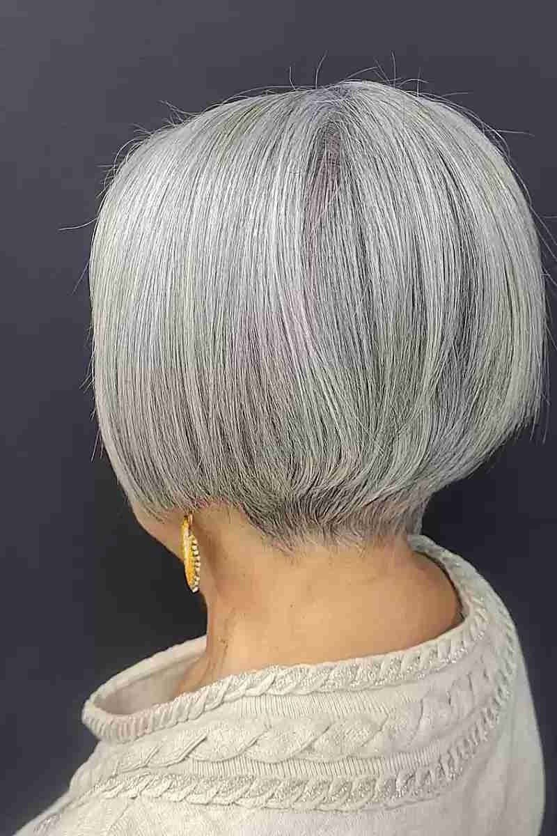 Silver-White Rounded Bob, Back View - hush cut hairstyle for women over 50, idea 55