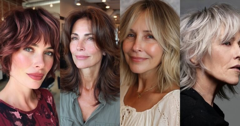 Collage of four hush cut hairstyles for women over 50: copper shaggy pixie-bob, dark brown layered cut, blonde lob, and silver shag