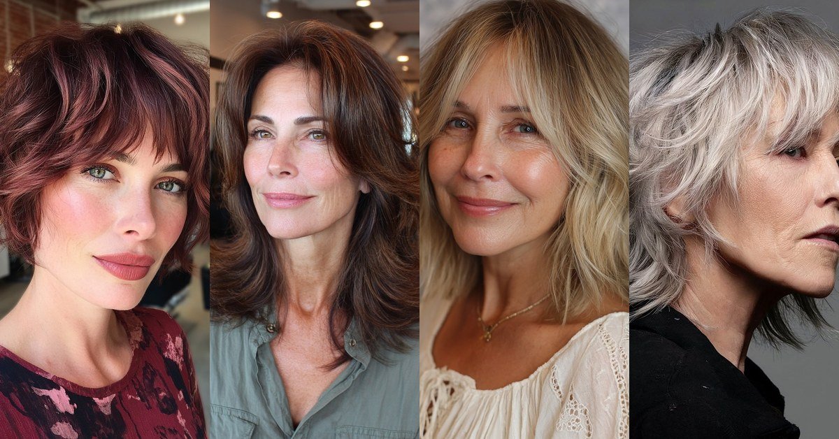 Collage of four hush cut hairstyles for women over 50: copper shaggy pixie-bob, dark brown layered cut, blonde lob, and silver shag