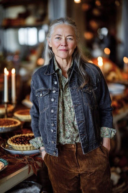 Thanksgiving outfit for women over 50: denim jacket with brown corduroy pants