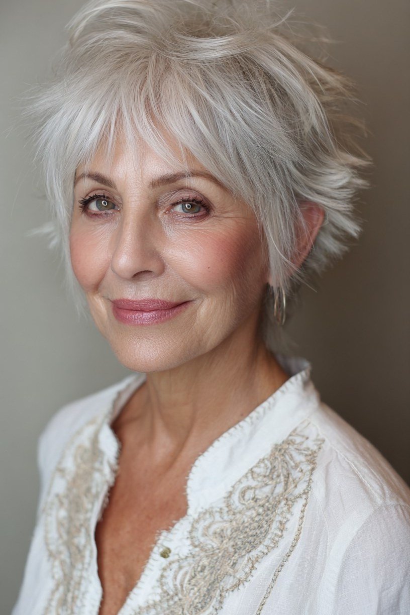 Senior woman with a silver tousled bixie shag haircut, soft layered waves framing her face.