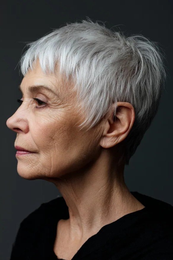 white pixie cut with short soft bangs for women over 60