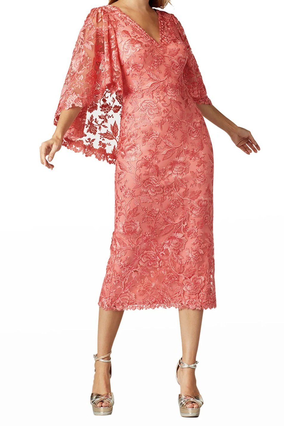 Coral lace bell-sleeve dress