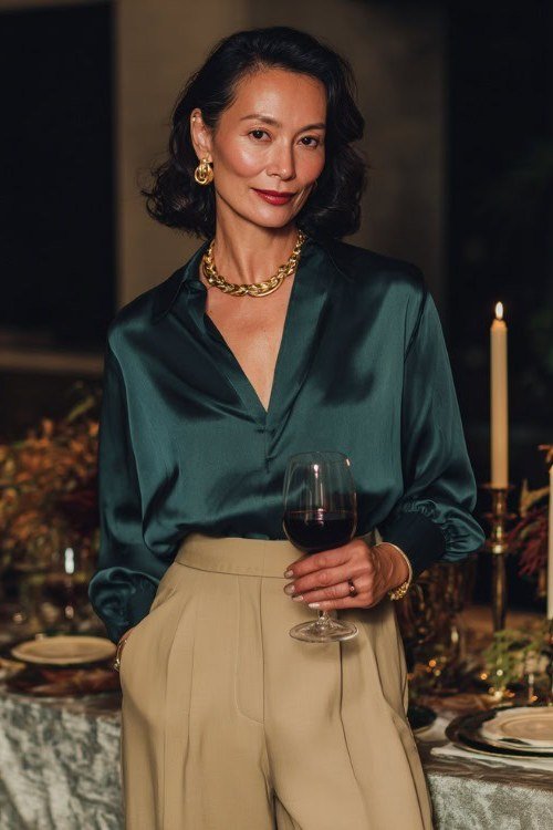 Thanksgiving outfit for women over 50: emerald satin blouse with beige trousers