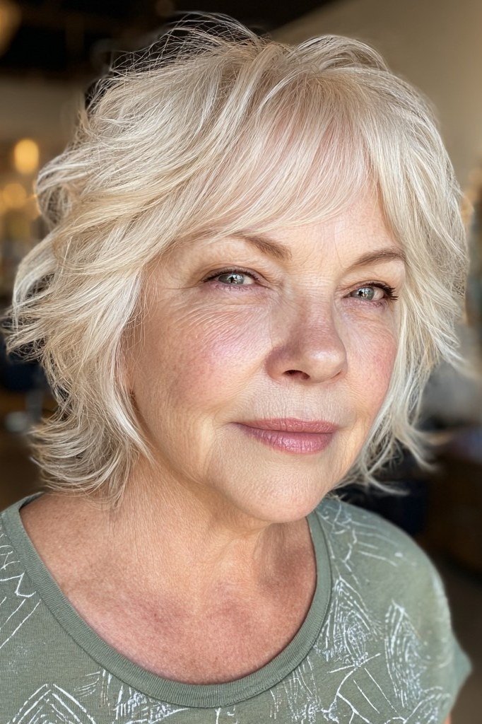 Older woman wearing a blonde shaggy bixie haircut with wispy bangs and feathered layers.