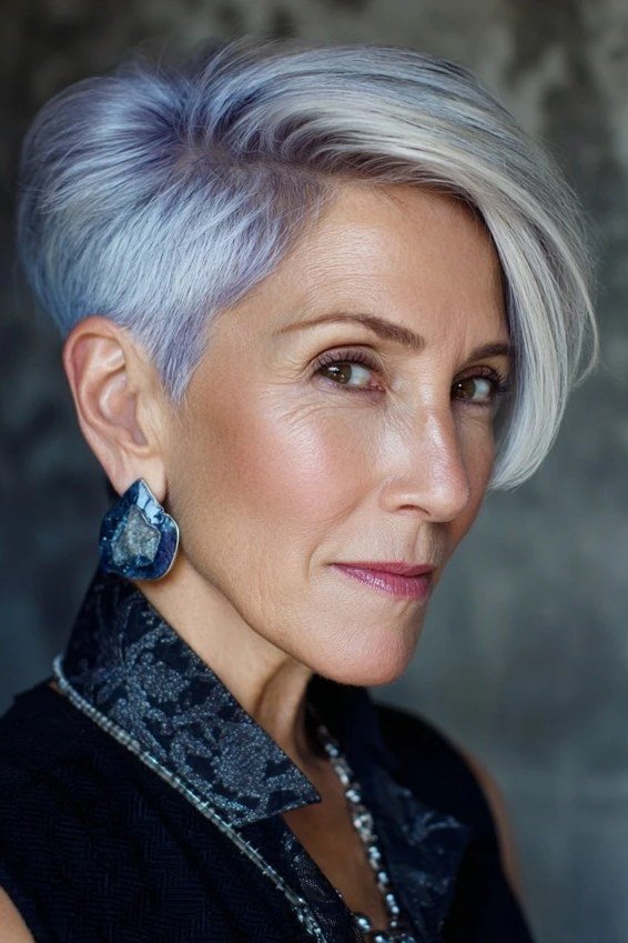 side swept silver pixie with long bangs for women over 60