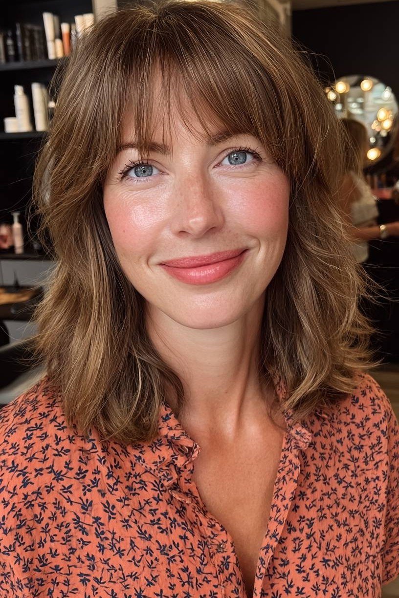 Brunette Shag With Bangs for women over 50
