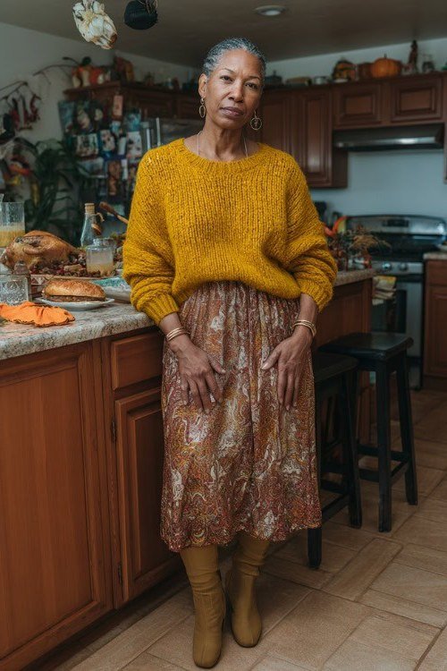 Thanksgiving outfit for women over 50: mustard sweater with patterned midi skirt