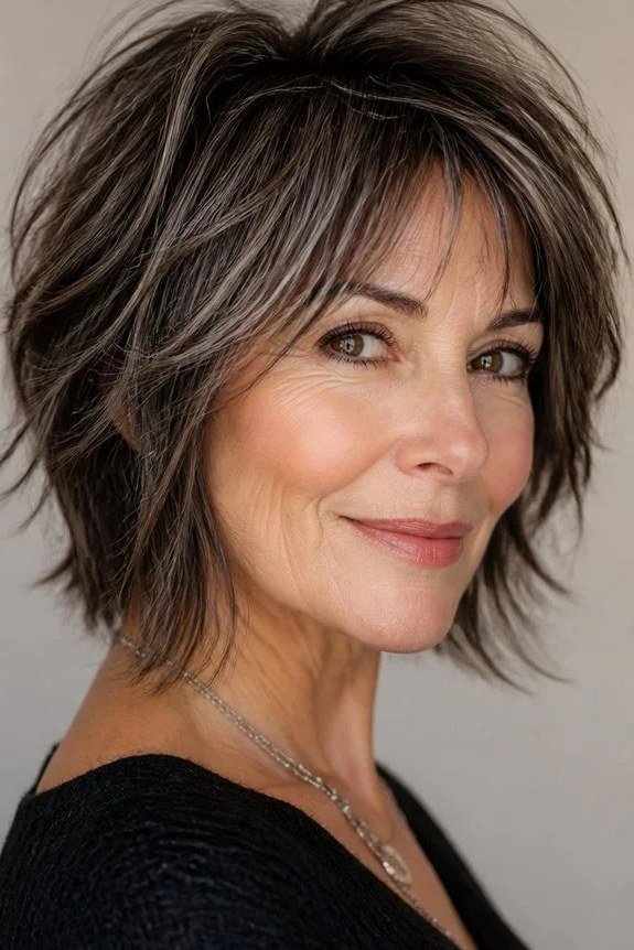 Mature woman with a dark brown textured bixie haircut and choppy full bangs.