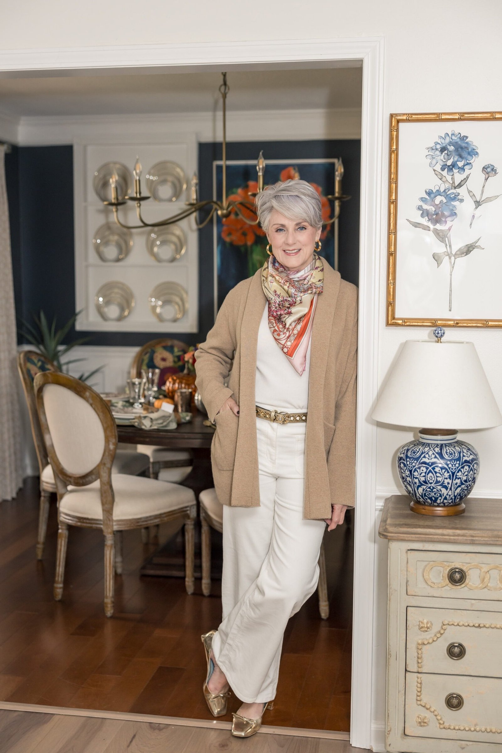 Thanksgiving outfit for women over 50: tan blazer with white outfit