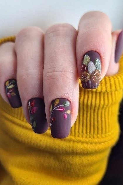 Deep Plum Nails with Autumn Leaf Art for women over 50