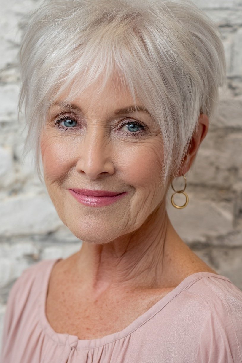 Older woman with a white textured pixie bob haircut standing by a brick wall.