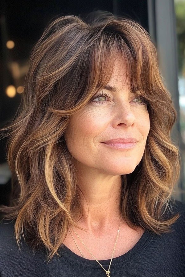 Soft Brown Waves With Bangs for women over 50