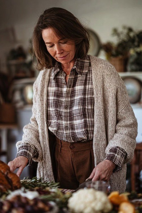 Thanksgiving outfit for women over 50: plaid shirt with chunky cardigan