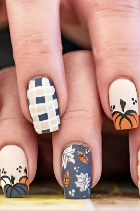 Pumpkin Patchwork Plaid Nails for women over 50