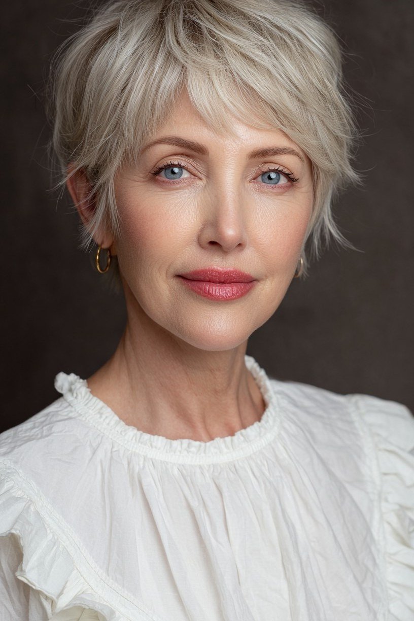 Senior woman with a silver layered pixie haircut against a dark background.