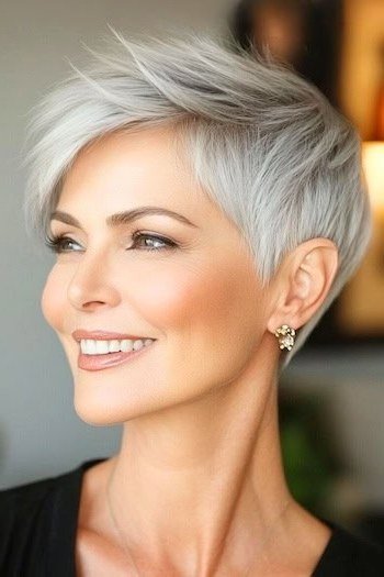 spiky white pixie cut with forward sweep for women over 60