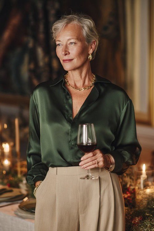 Thanksgiving outfit for women over 50: green satin blouse with beige trousers