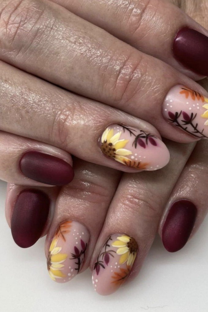 Matte Burgundy Nails with Leaf Accents for women over 50