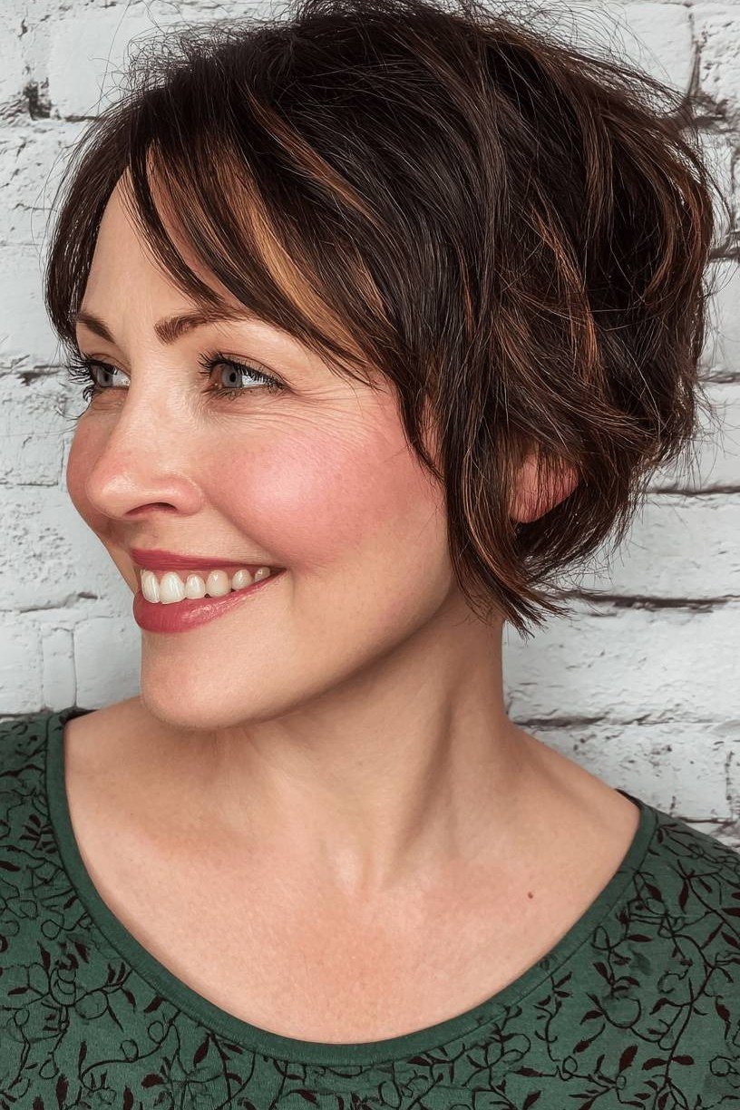 Older woman smiling with a dark brown curly bixie shag haircut and bangs.