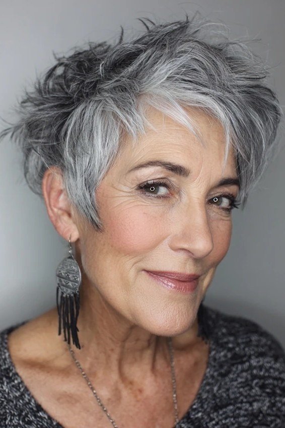 salt and pepper textured pixie cut for women over 60