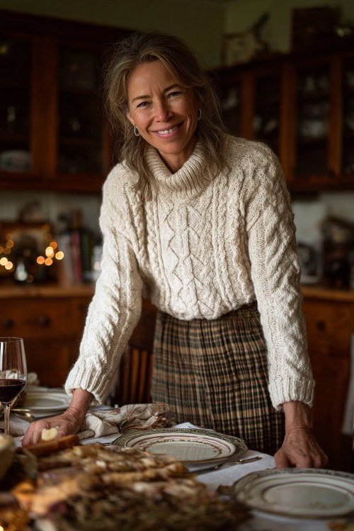 Thanksgiving outfit for women over 50: cream cable knit turtleneck with plaid skirt
