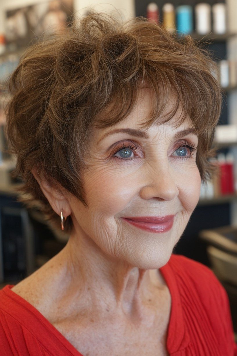 Senior woman with a warm brown curly bixie haircut and curly fringe.