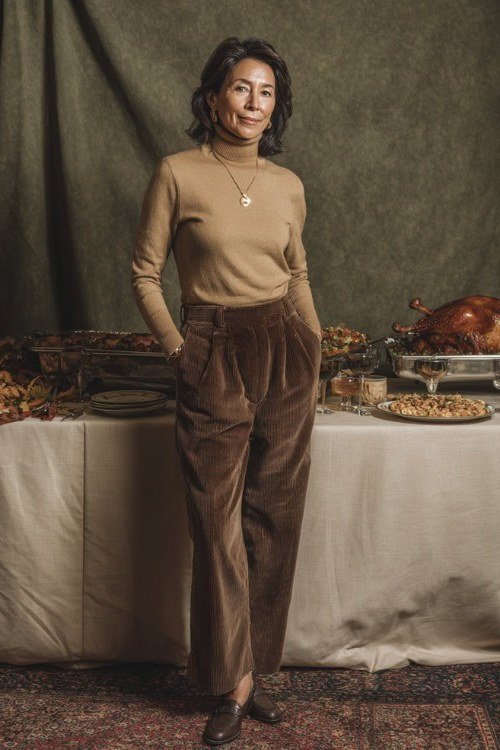 Thanksgiving outfit for women over 50: camel sweater with brown corduroy pants