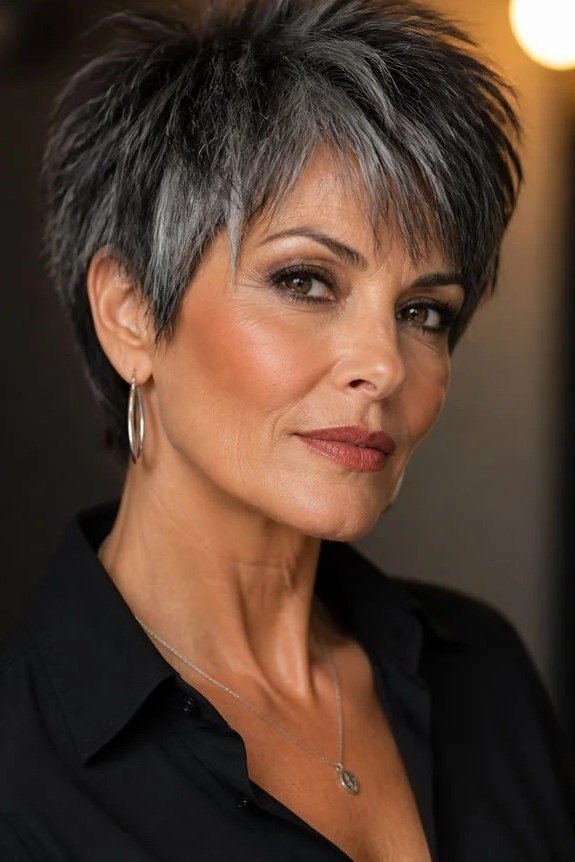 Mature woman with a dark gray spiky pixie bob haircut and piecey texture.
