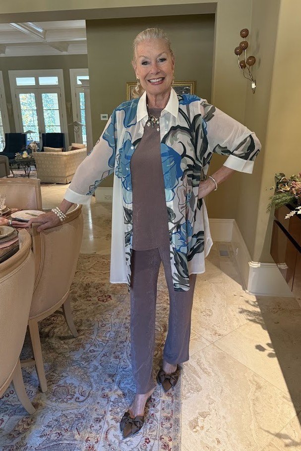 Thanksgiving outfit for women over 50: blue floral kimono jacket with blue separates