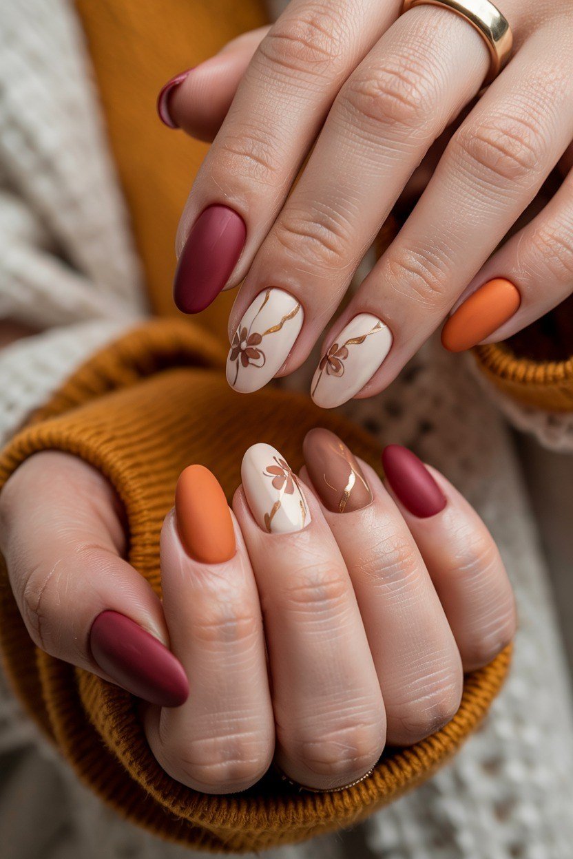 Burgundy and Mustard Nails with Gold Lines for women over 50