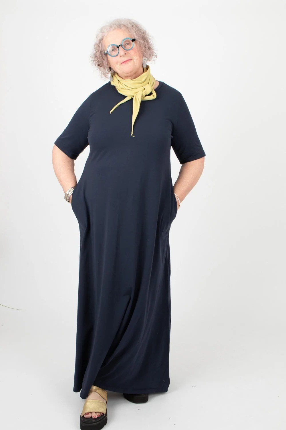 maxi dress for women over 60: navy Maxi with a Sunny Scarf