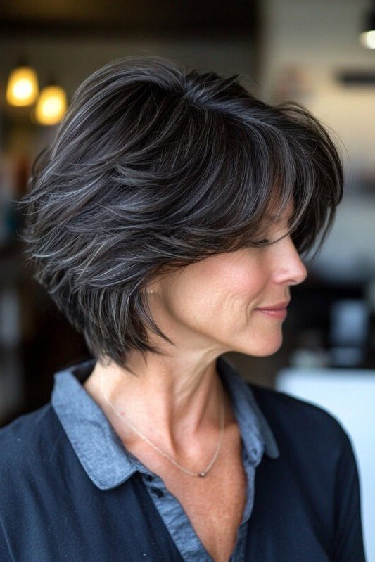 Dark grey short shaggy bob haircut for older women