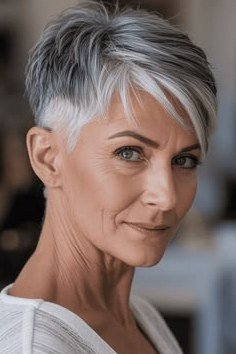 sleek white pixie cut with side part for women over 60