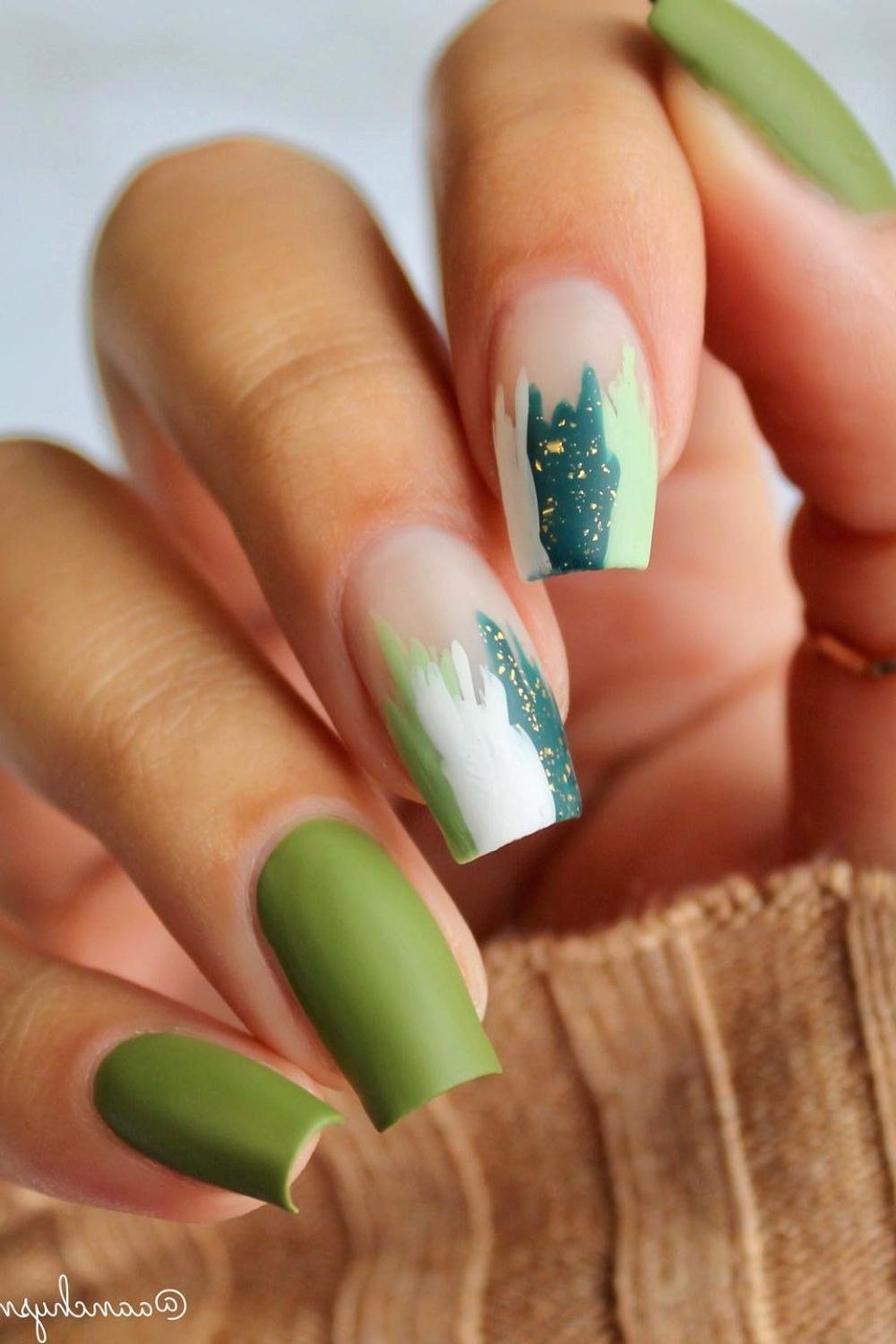 Sage Green Ombre Nails with Leaf Art for women over 50