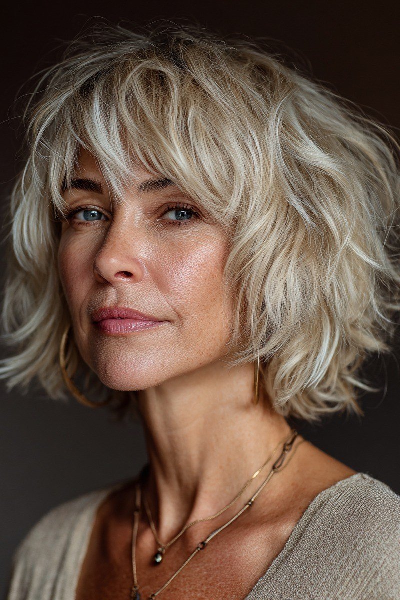 Curly blonde short shaggy bob haircut for women over 60