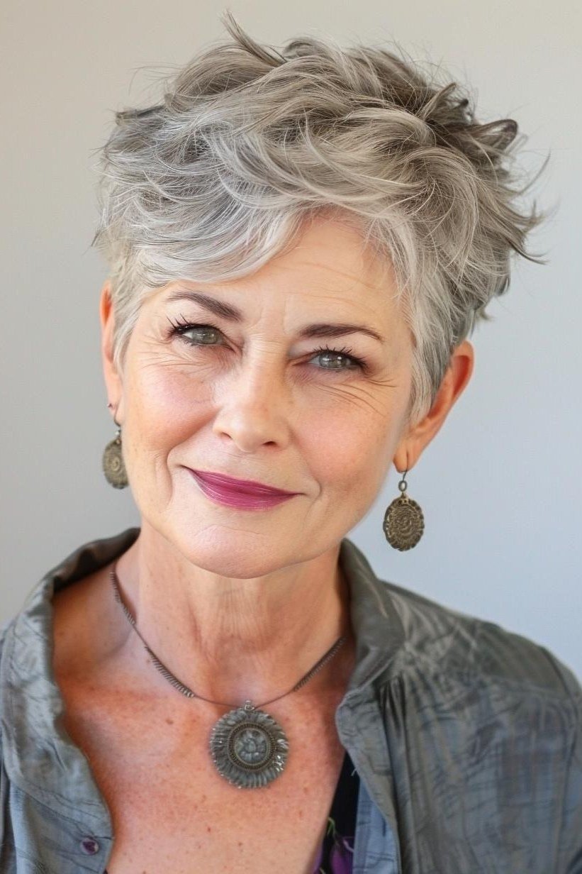 curly silver pixie cut with soft bangs for women over 60