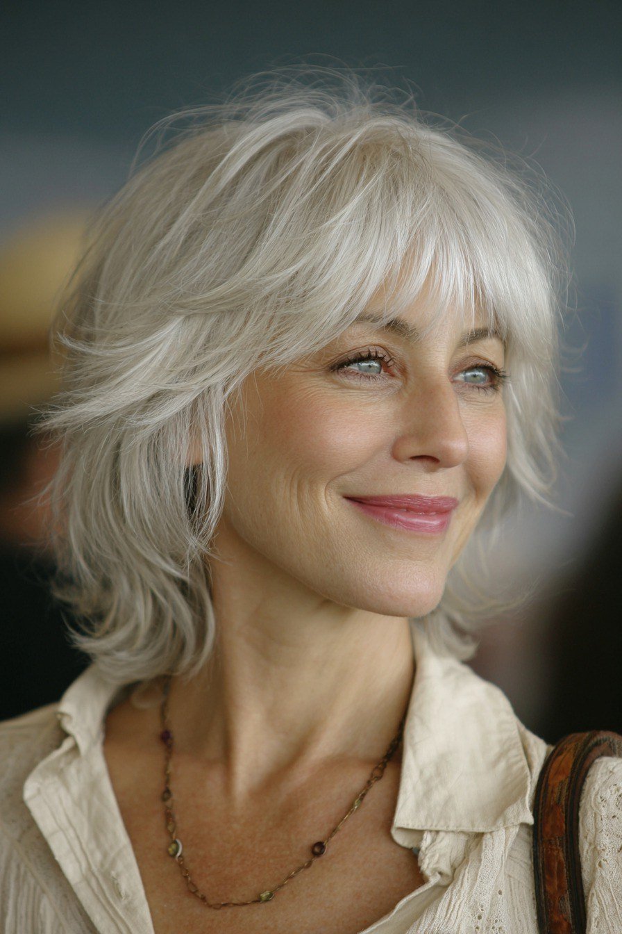 Older woman with a blonde shaggy bixie haircut and soft bangs.