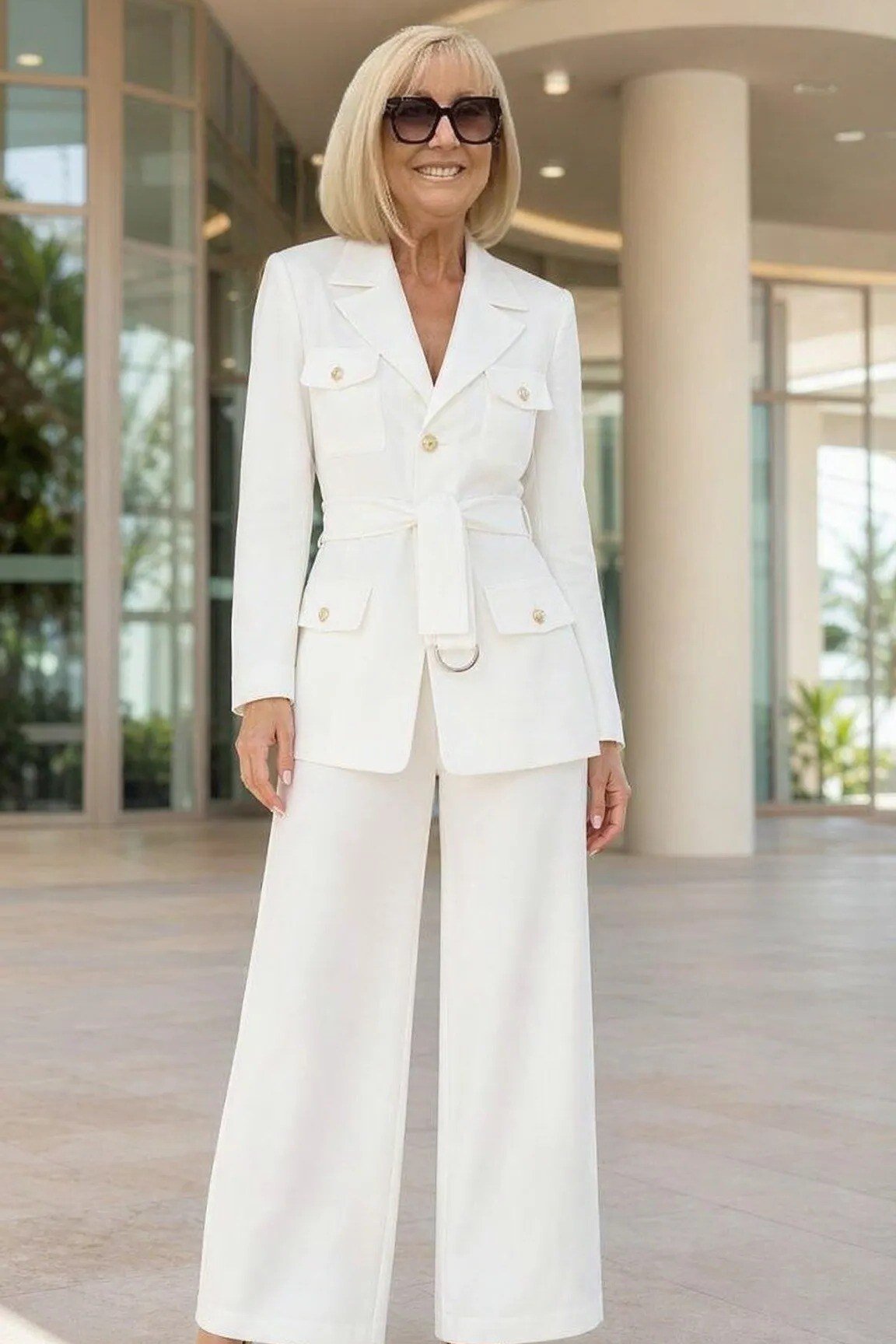 Woman over 50 wearing a white blazer with wide white trousers