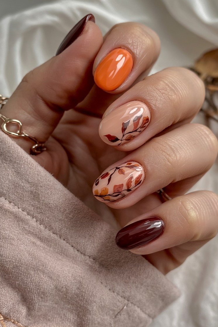 Burnt Orange Nails with Fall Leaves for women over 50