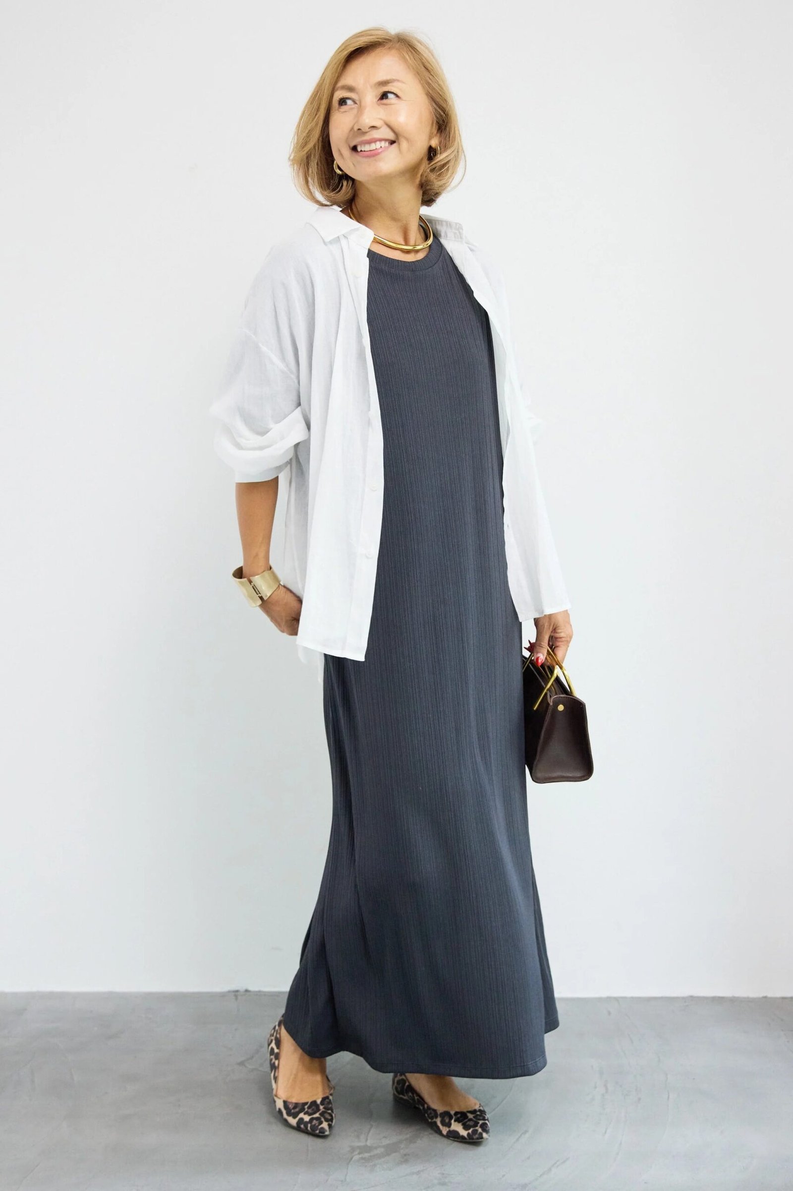 maxi dress for women over 60: charcoal Maxi with a White Shirt