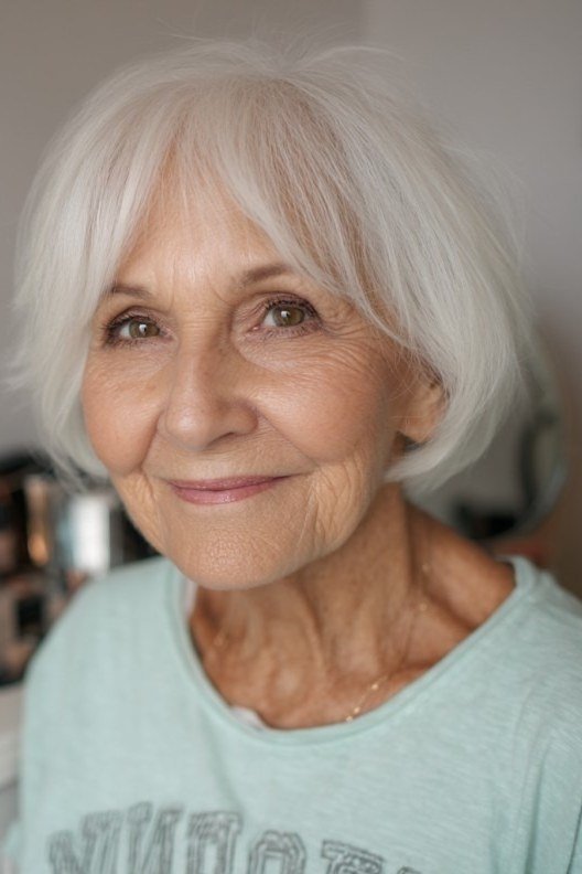 Very senior woman with a soft white bob haircut and full fringe.