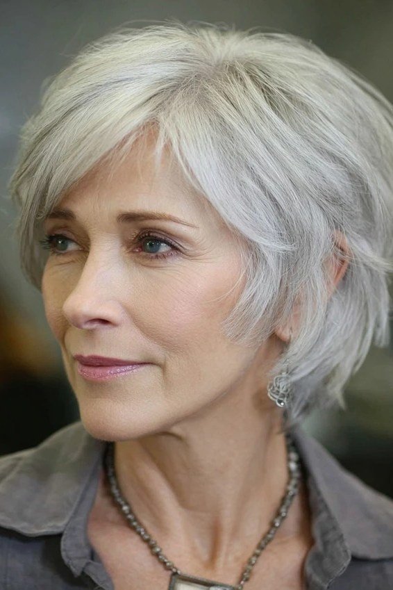 white pixie bob with side swept bangs for women over 60